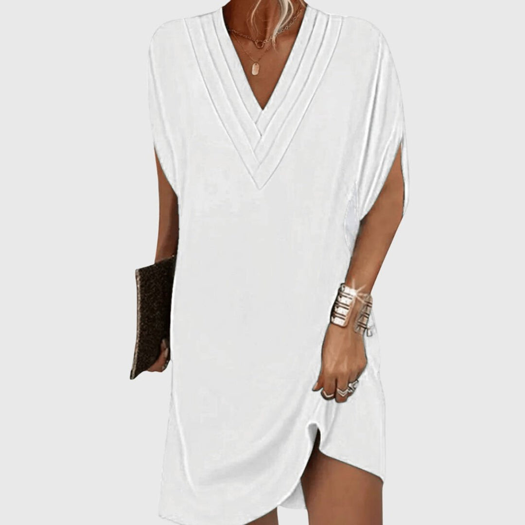 Women's Dress Flowy V-Neck Batwing Sleeve Mini Shift - White