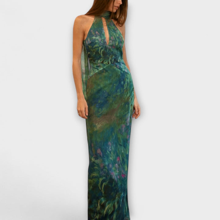 Women's Dress Monet Iris Print Halter Neck Chiffon Maxi Gown
