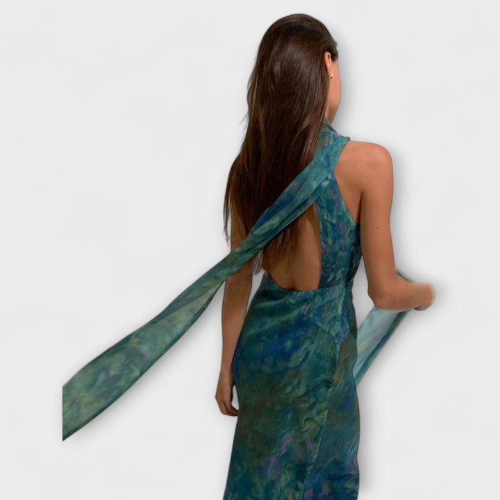 Women's Dress Monet Iris Print Halter Neck Chiffon Maxi Gown