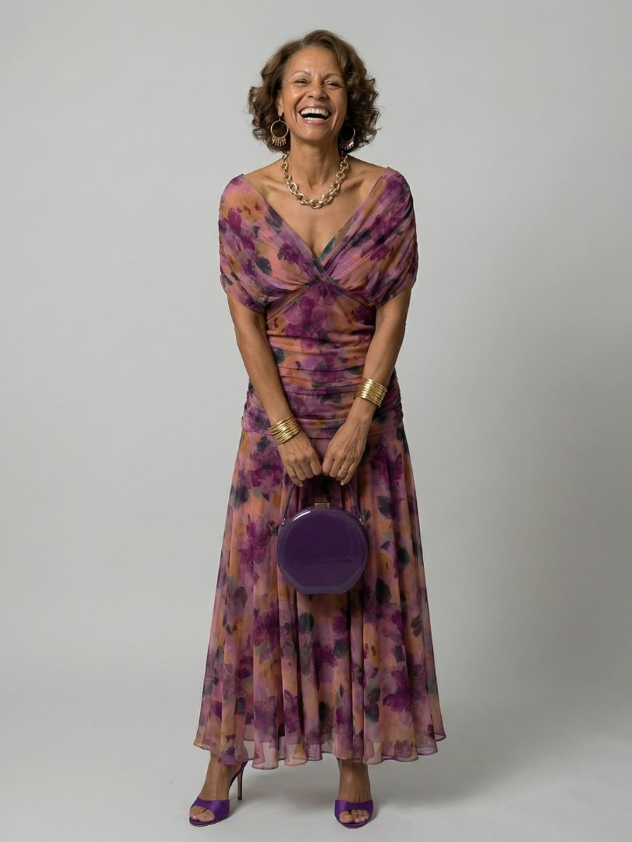 Women's Dress Off-Shoulder Draped-Neckline Floral Midi - Purple
