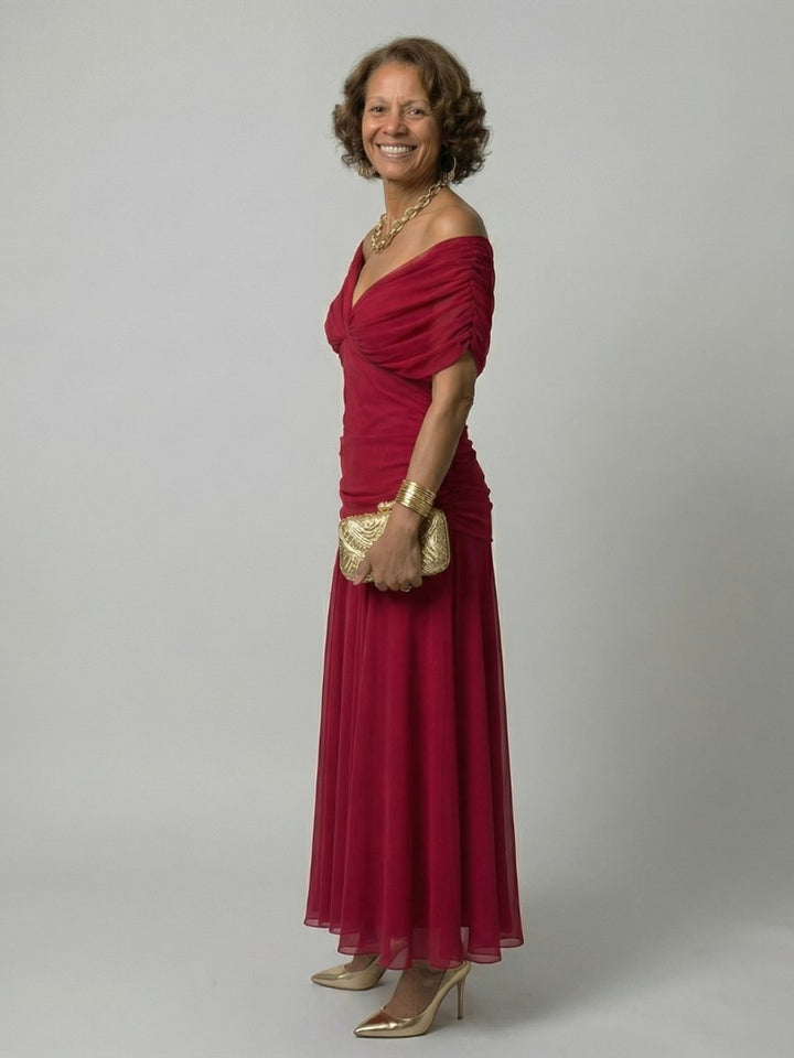 Women's Dress Off-Shoulder Draped-Neckline Floral Midi