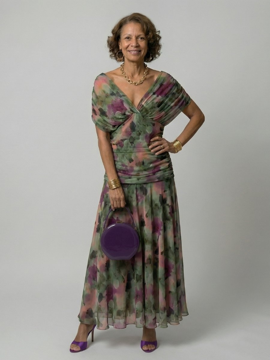 Women's Dress Off-Shoulder Draped-Neckline Floral Midi - Multicolor