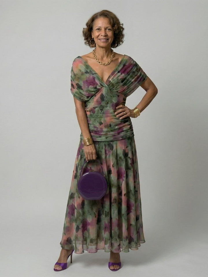 Women's Dress Off-Shoulder Draped-Neckline Floral Midi - Multicolor