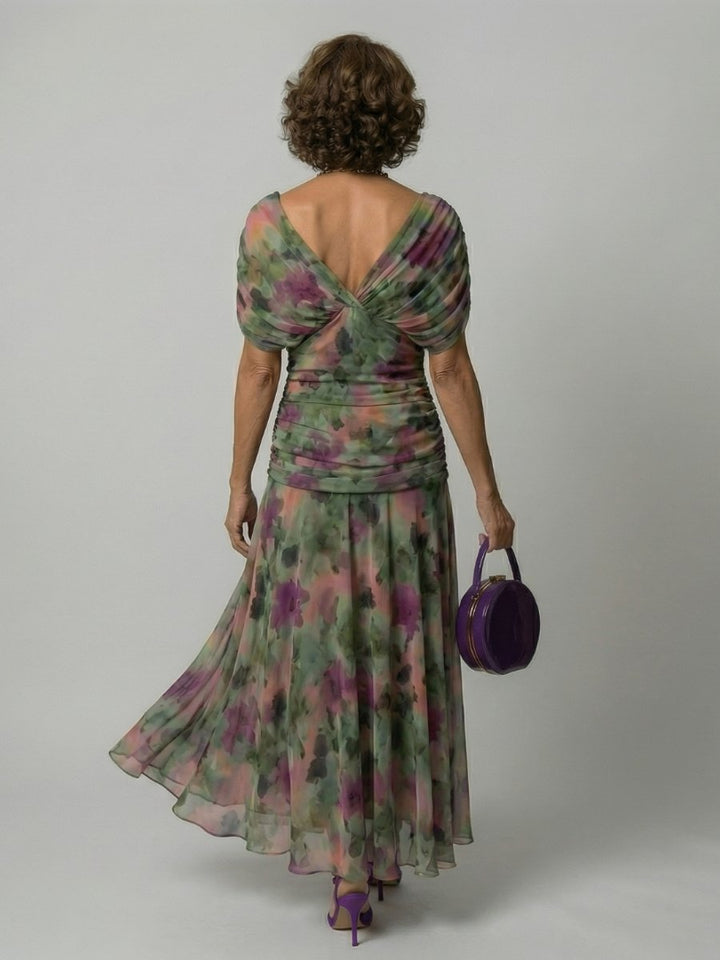 Women's Dress Off-Shoulder Draped-Neckline Floral Midi