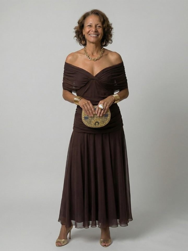 Women's Dress Off-Shoulder Draped-Neckline Floral Midi - Brown