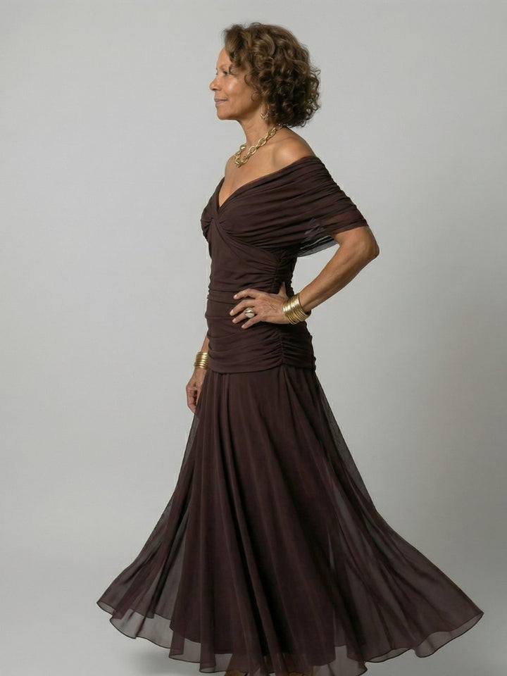 Women's Dress Off-Shoulder Draped-Neckline Floral Midi