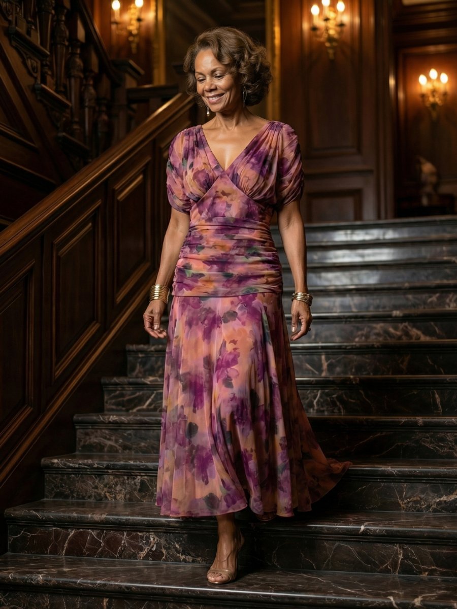 Women's Dress Off-Shoulder Draped-Neckline Floral Midi