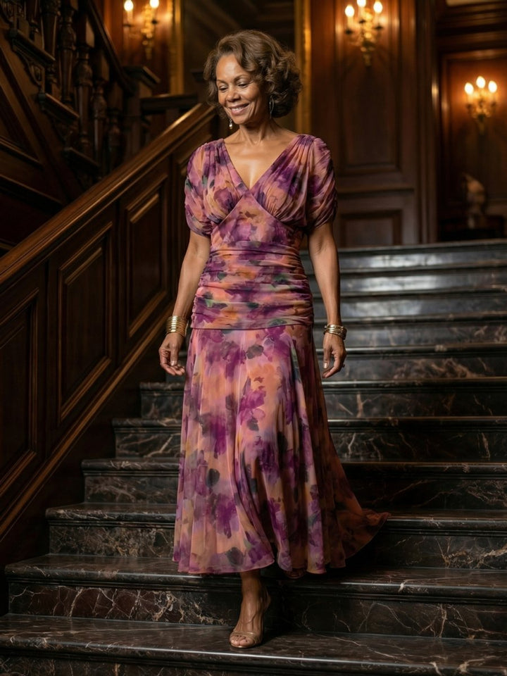 Women's Dress Off-Shoulder Draped-Neckline Floral Midi