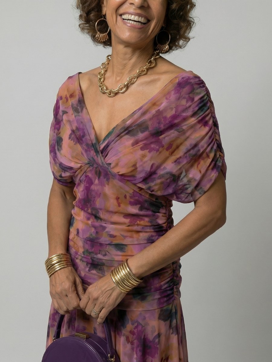 Women's Dress Off-Shoulder Draped-Neckline Floral Midi