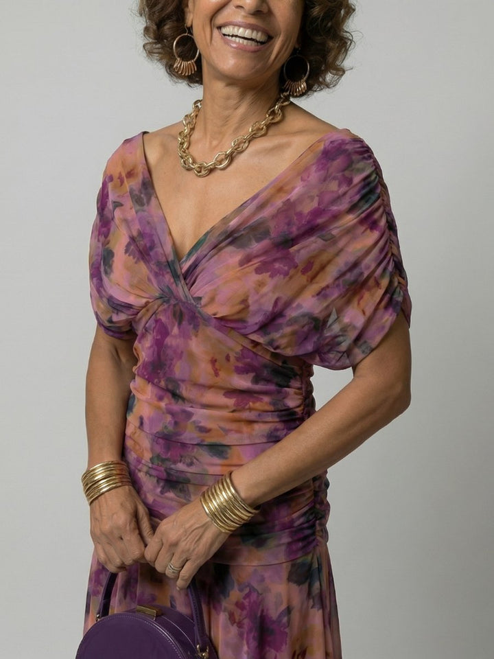 Women's Dress Off-Shoulder Draped-Neckline Floral Midi