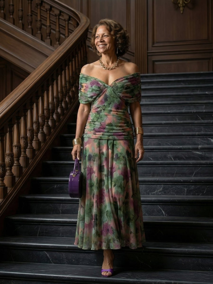 Women's Dress Off-Shoulder Draped-Neckline Floral Midi