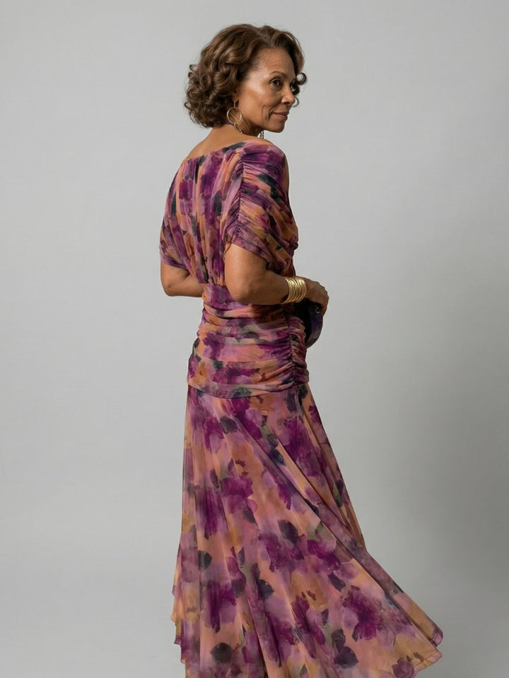 Women's Dress Off-Shoulder Draped-Neckline Floral Midi
