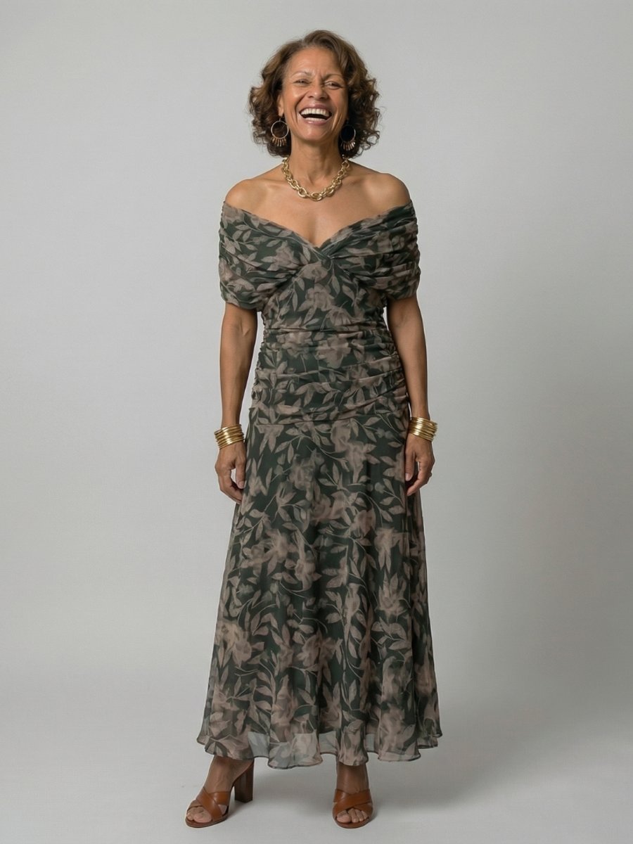 Women's Dress Off-Shoulder Draped-Neckline Floral Midi - Dark Green