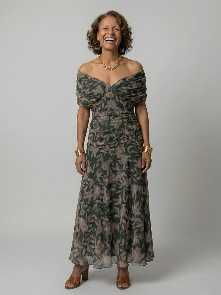 Women's Dress Off-Shoulder Draped-Neckline Floral Midi - Dark Green