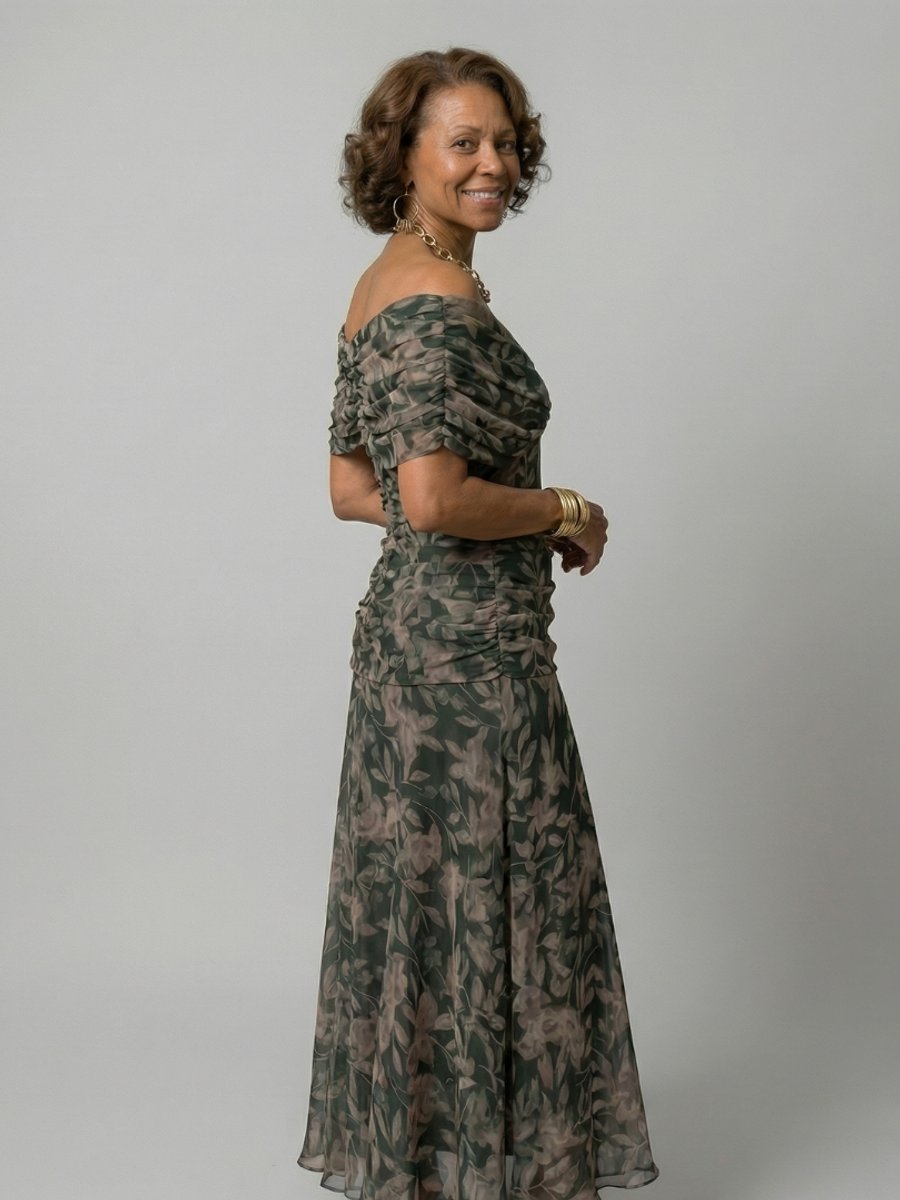 Women's Dress Off-Shoulder Draped-Neckline Floral Midi