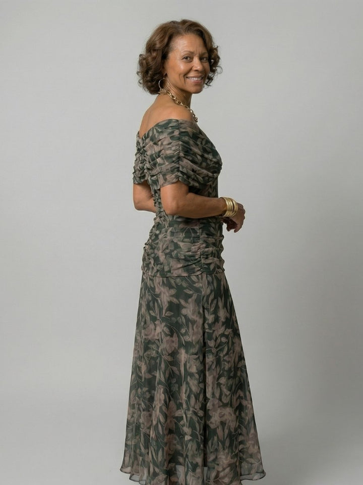 Women's Dress Off-Shoulder Draped-Neckline Floral Midi