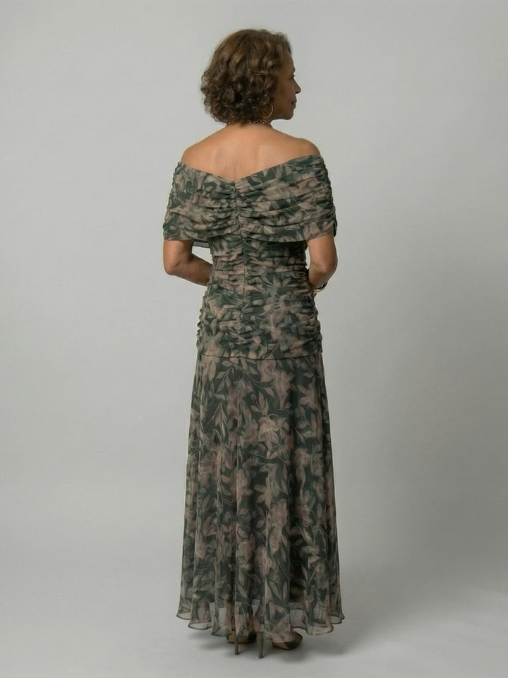 Women's Dress Off-Shoulder Draped-Neckline Floral Midi