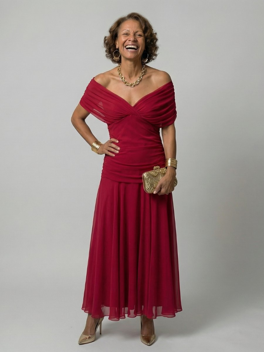 Women's Dress Off-Shoulder Draped-Neckline Floral Midi - Red