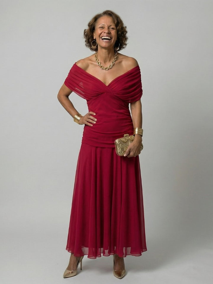 Women's Dress Off-Shoulder Draped-Neckline Floral Midi - Red