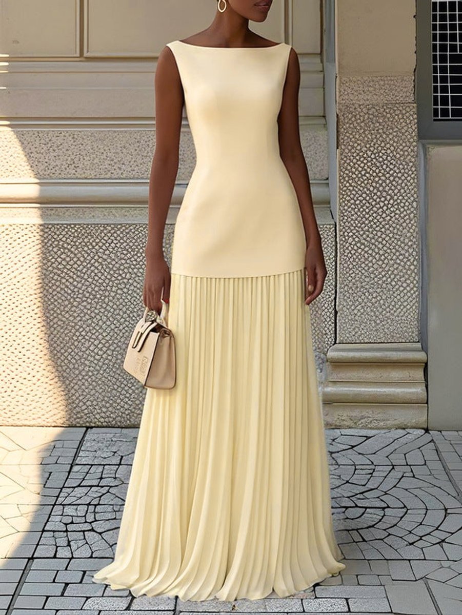 Women's Dress Sleeveless Bateau-Neck Pleated Maxi Gown - Yellow