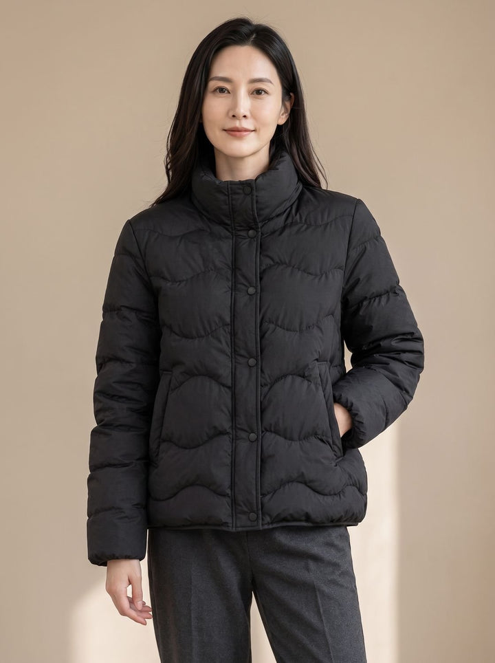 Women's Duck-Down Quilted Puffer Jacket Stand Collar Snap-Front - Black