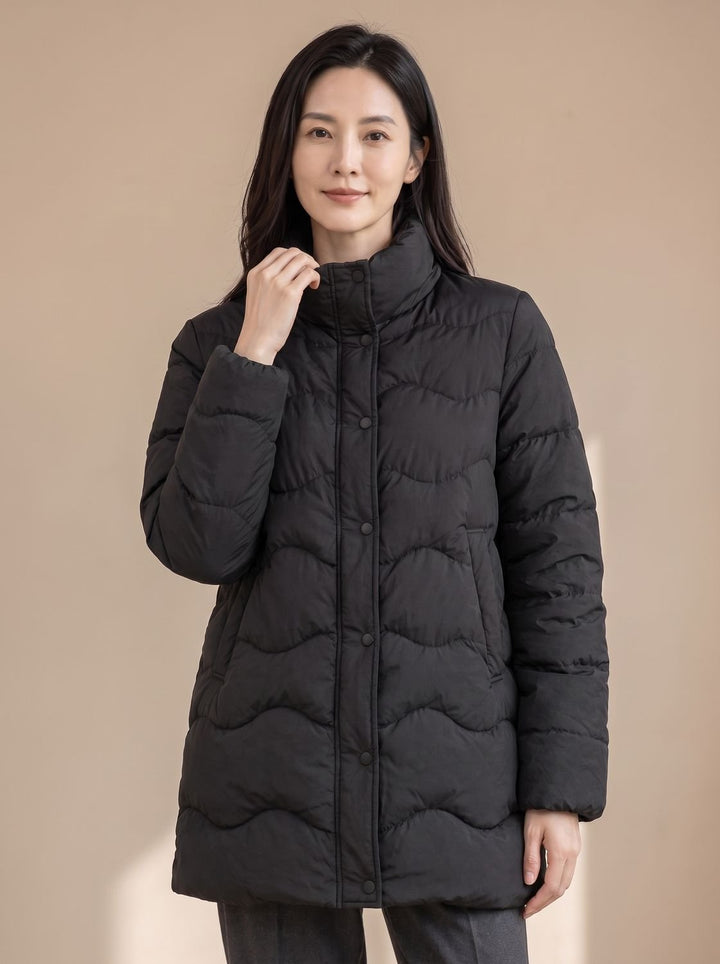 Women's Duck-Down Quilted Puffer Jacket Stand Collar Snap-Front