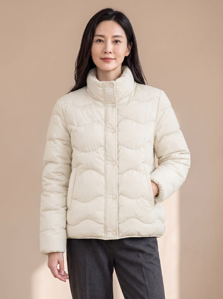Women's Duck-Down Quilted Puffer Jacket Stand Collar Snap-Front - Milky White