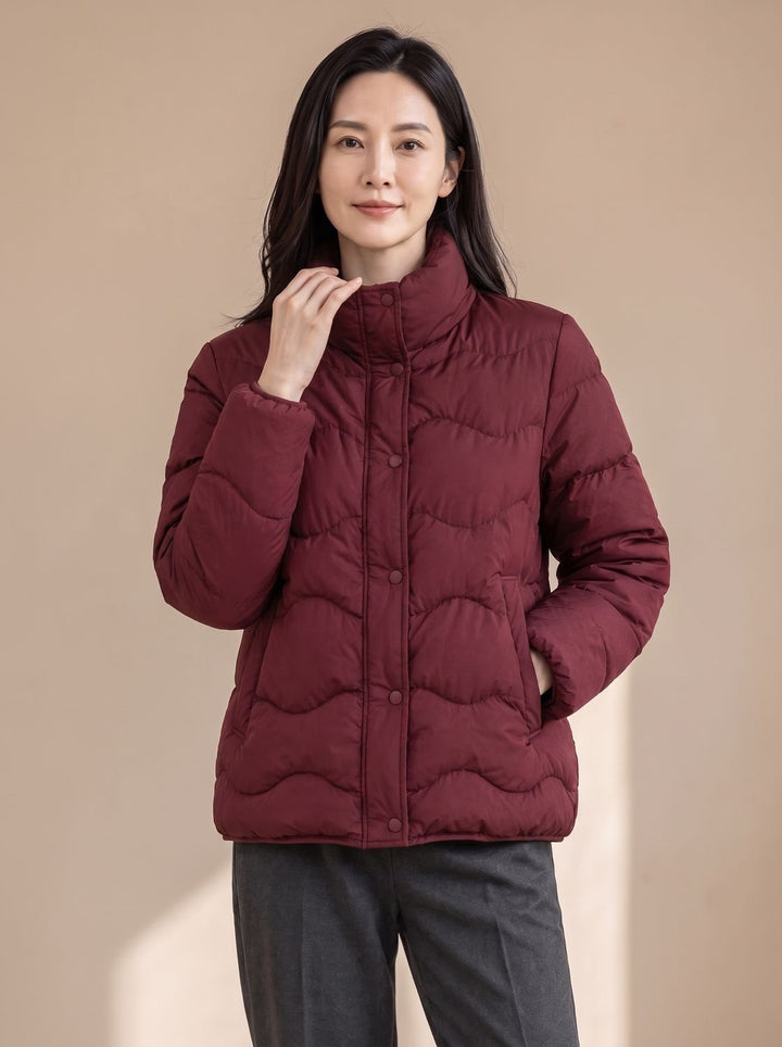 Women's Duck-Down Quilted Puffer Jacket Stand Collar Snap-Front - Angora Red