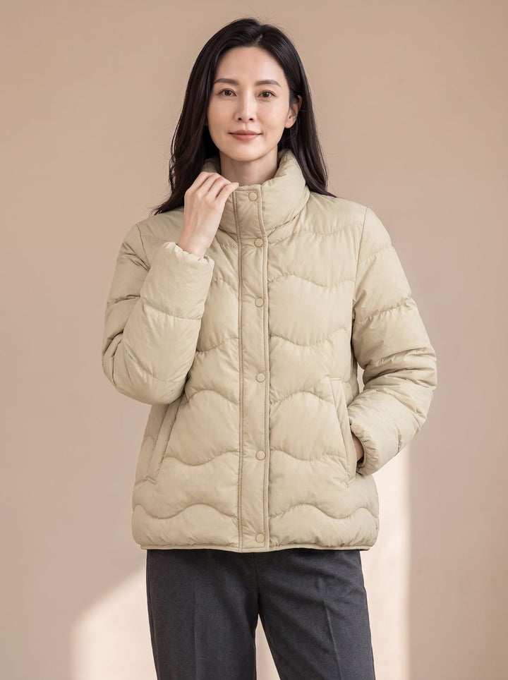 Women's Duck-Down Quilted Puffer Jacket Stand Collar Snap-Front - Beige