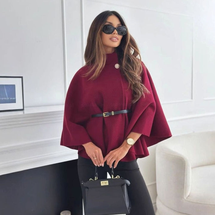 Women's Elegant Belted Mock-Neck Cape Jacket - Red