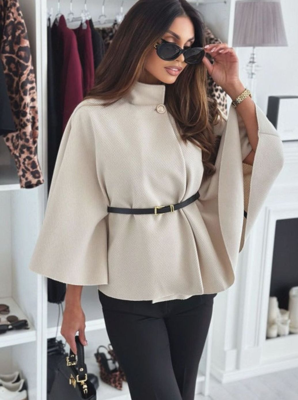 Women's Elegant Belted Mock-Neck Cape Jacket - Khaki
