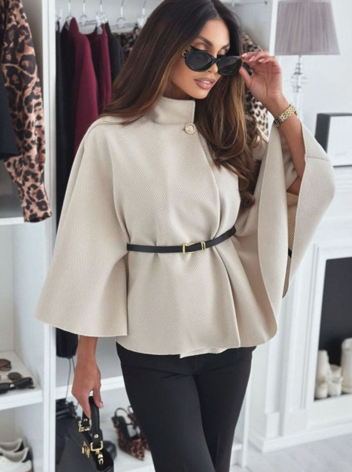 Women's Elegant Belted Mock-Neck Cape Jacket - Khaki