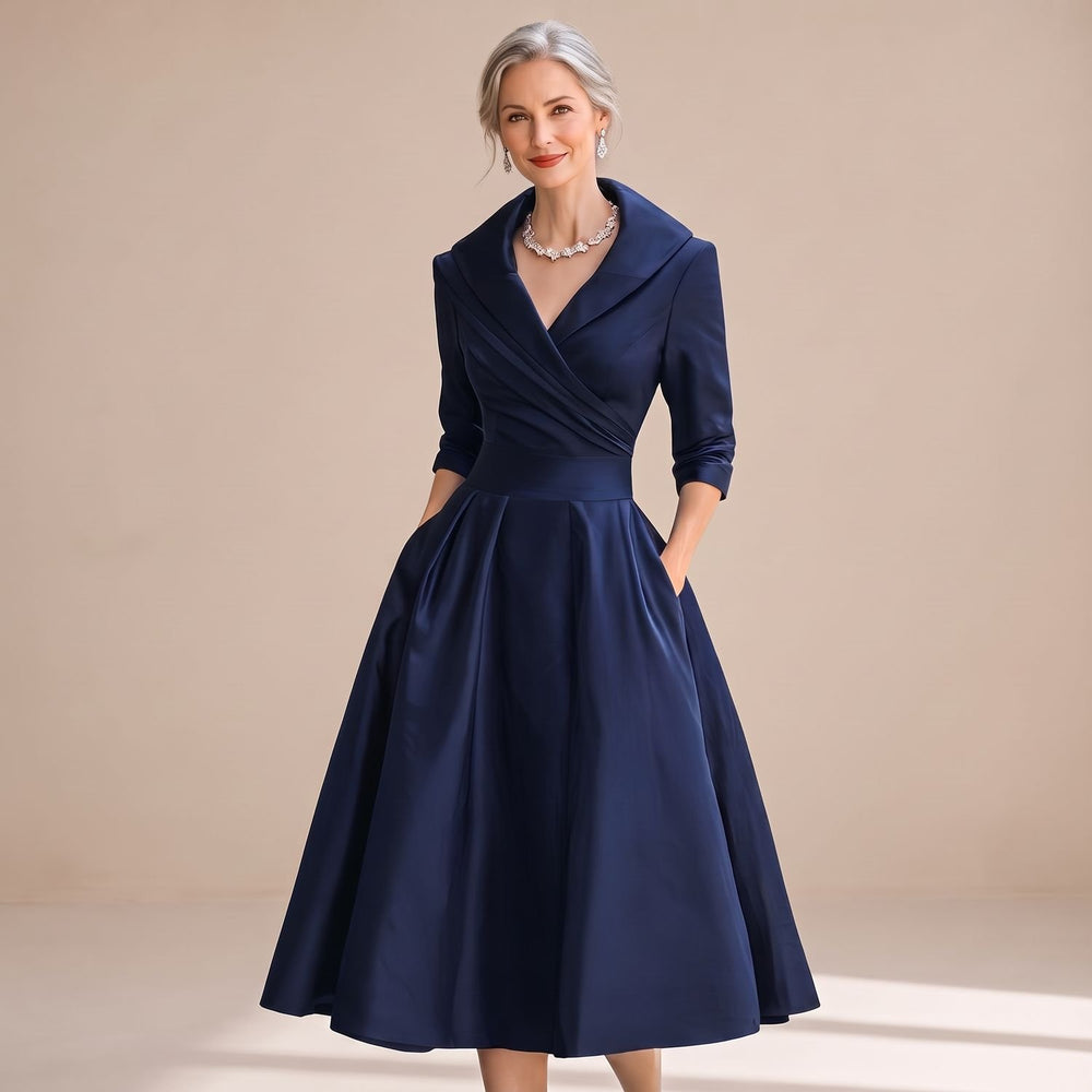 Women's Elegant Crossover V-Neck Full-Skirt Midi Dress - Navy Blue