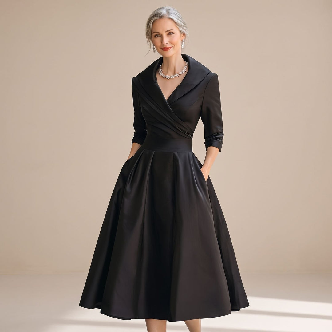 Women's Elegant Crossover V-Neck Full-Skirt Midi Dress - Black