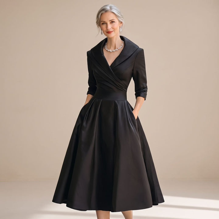 Women's Elegant Crossover V-Neck Full-Skirt Midi Dress - Black