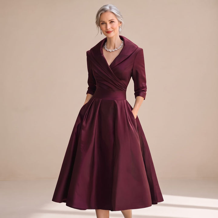 Women's Elegant Crossover V-Neck Full-Skirt Midi Dress - Intense Red