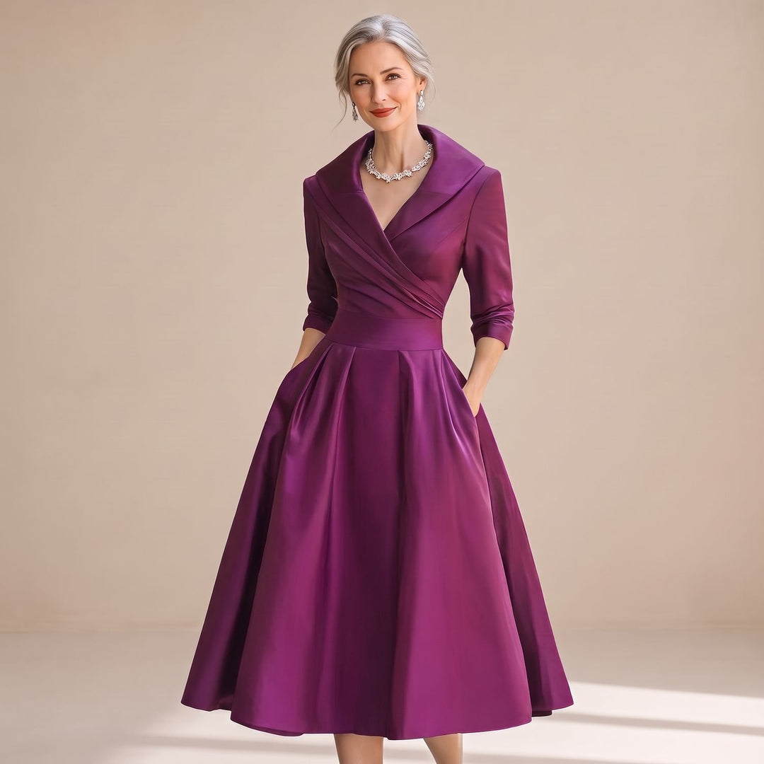 Women's Elegant Crossover V-Neck Full-Skirt Midi Dress - Purple