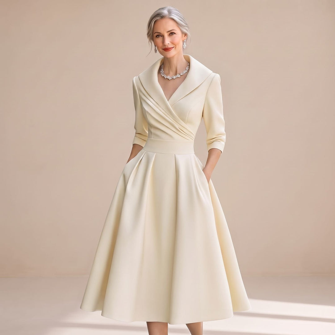 Women's Elegant Crossover V-Neck Full-Skirt Midi Dress - Beige