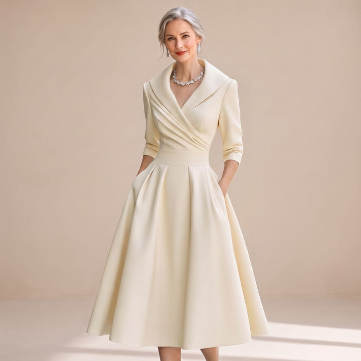 Women's Elegant Crossover V-Neck Full-Skirt Midi Dress - Beige