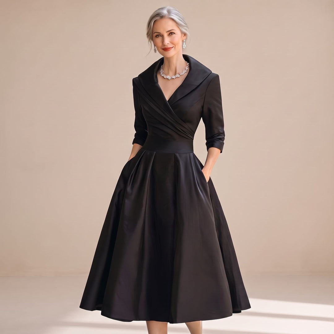 Women's Elegant Crossover V-Neck Full-Skirt Midi Dress