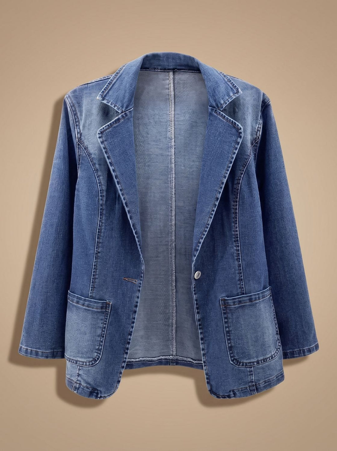 Women's Elegant Denim Blazer Jacket Single-Button Notch Lapel - Denim Blue