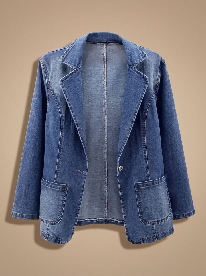 Women's Elegant Denim Blazer Jacket Single-Button Notch Lapel - Denim Blue