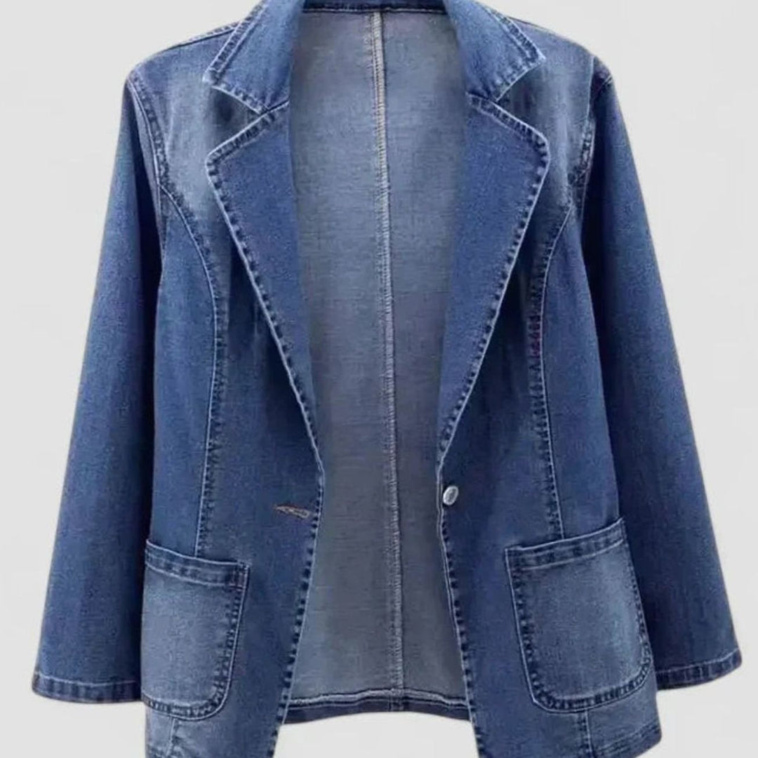 Women's Elegant Denim Blazer Jacket Single-Button Straight Cut - Denim Blue