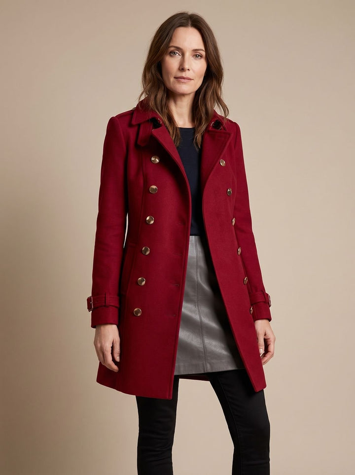 Women's Elegant Double-Breasted Tailored Winter Coat - Red