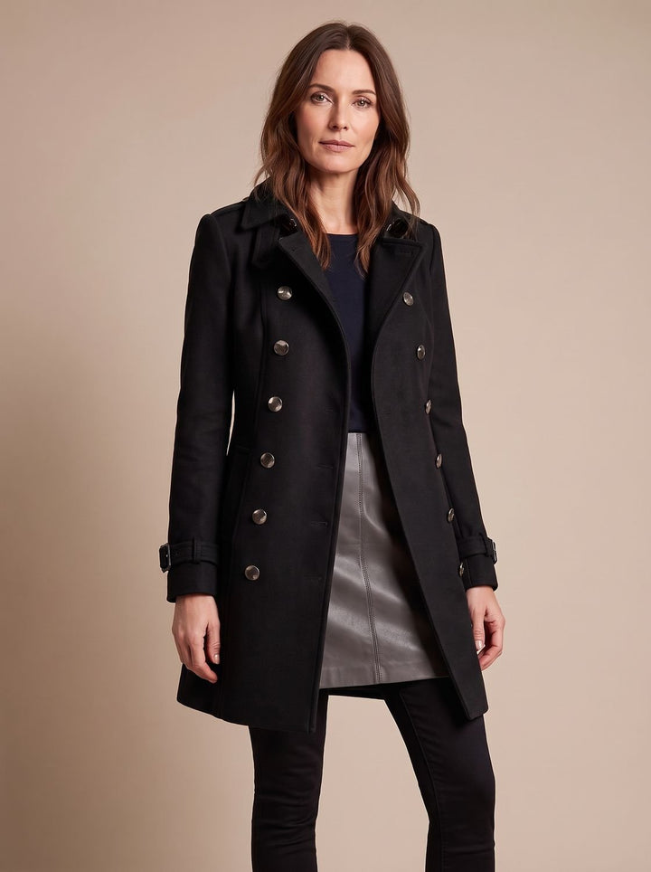 Women's Elegant Double-Breasted Tailored Winter Coat - Black