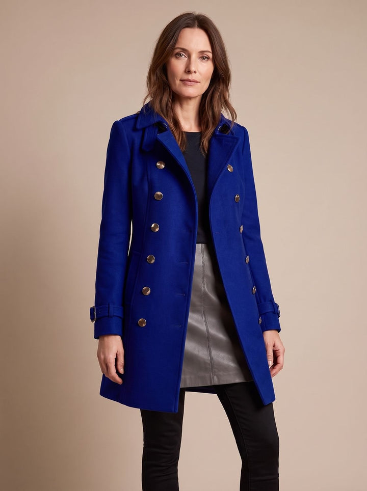 Women's Elegant Double-Breasted Tailored Winter Coat - Blue