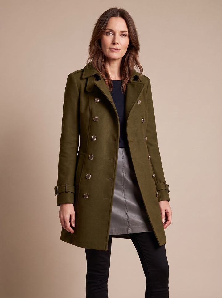 Women's Elegant Double-Breasted Tailored Winter Coat - Green