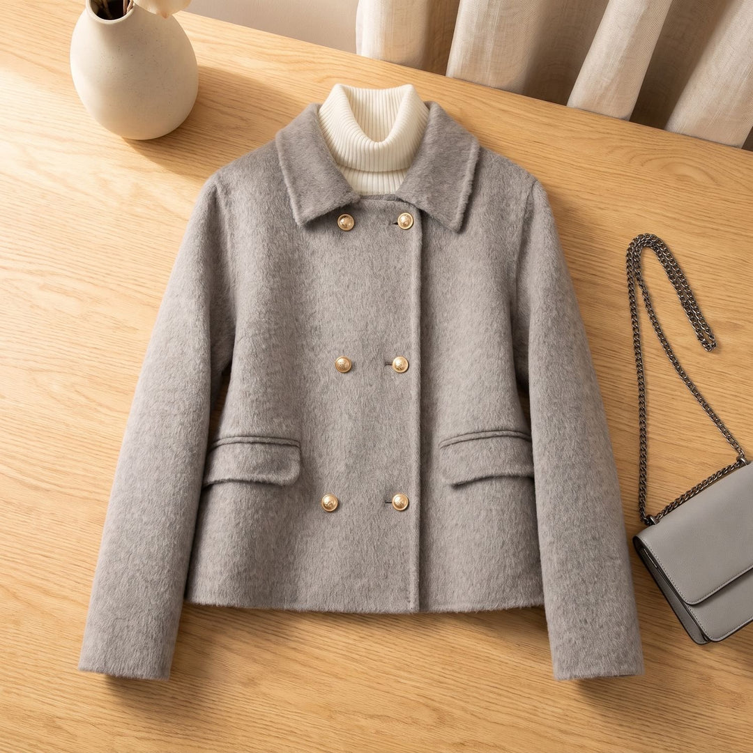 Women's Elegant Double-Breasted Wool Coat Gold-Button Cropped Jacket - Gray