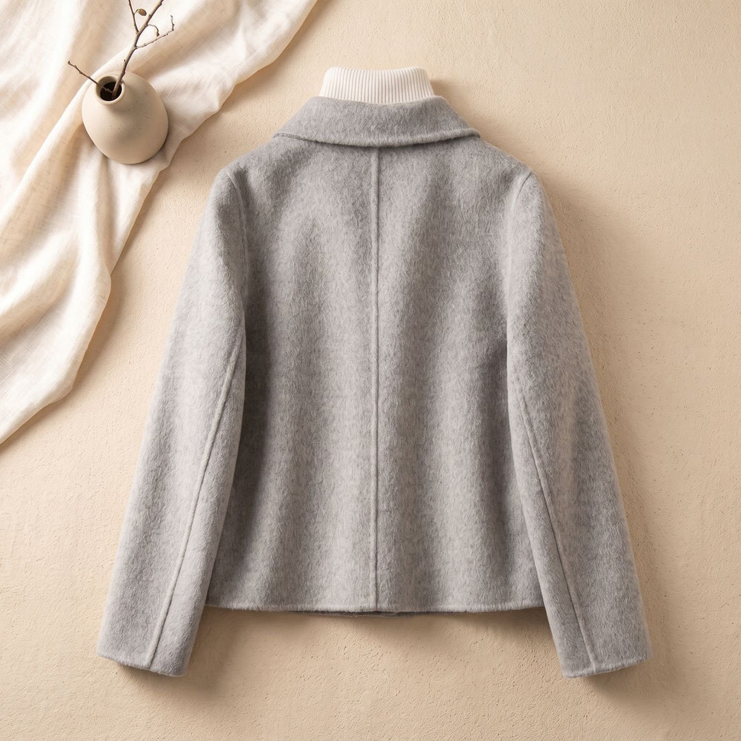 Women's Elegant Double-Breasted Wool Coat Gold-Button Cropped Jacket