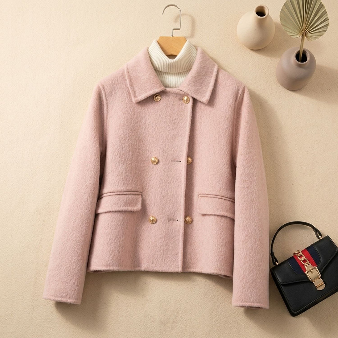Women's Elegant Double-Breasted Wool Coat Gold-Button Cropped Jacket
